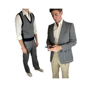 1970s men's tweed suit with elbow patches three piece suit with sweater vest